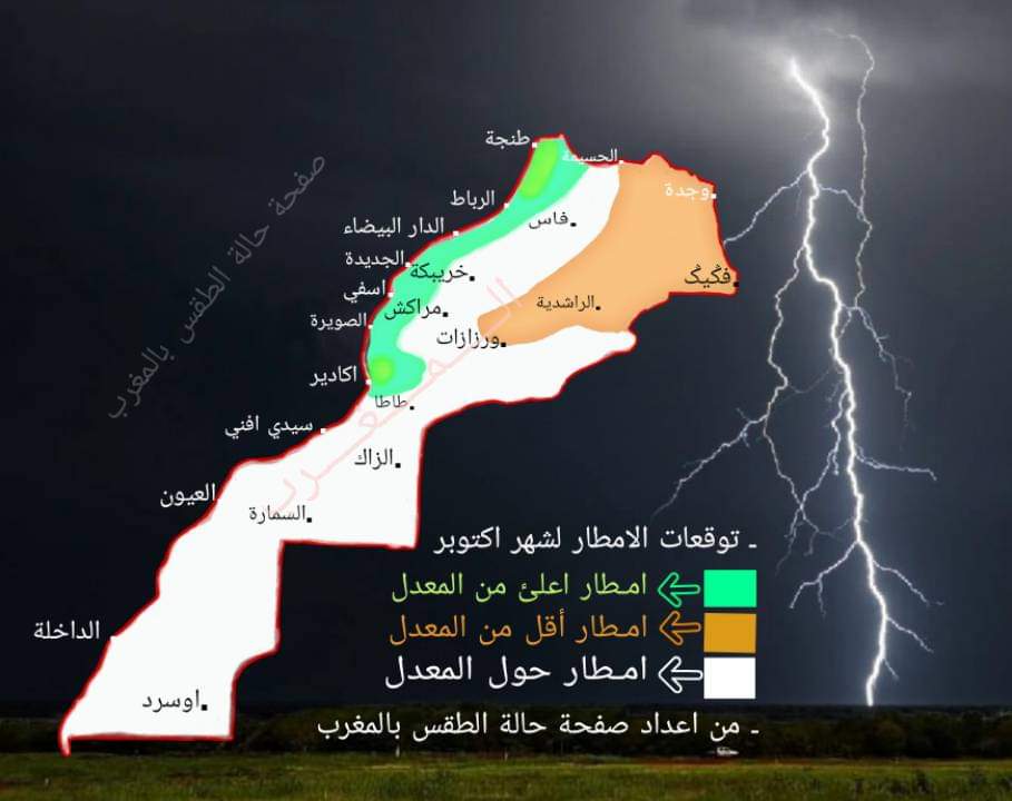 الالوان الموجودة علي الخريطة تشير الي مؤشر التساقطات المطرية لهدا الشهر .