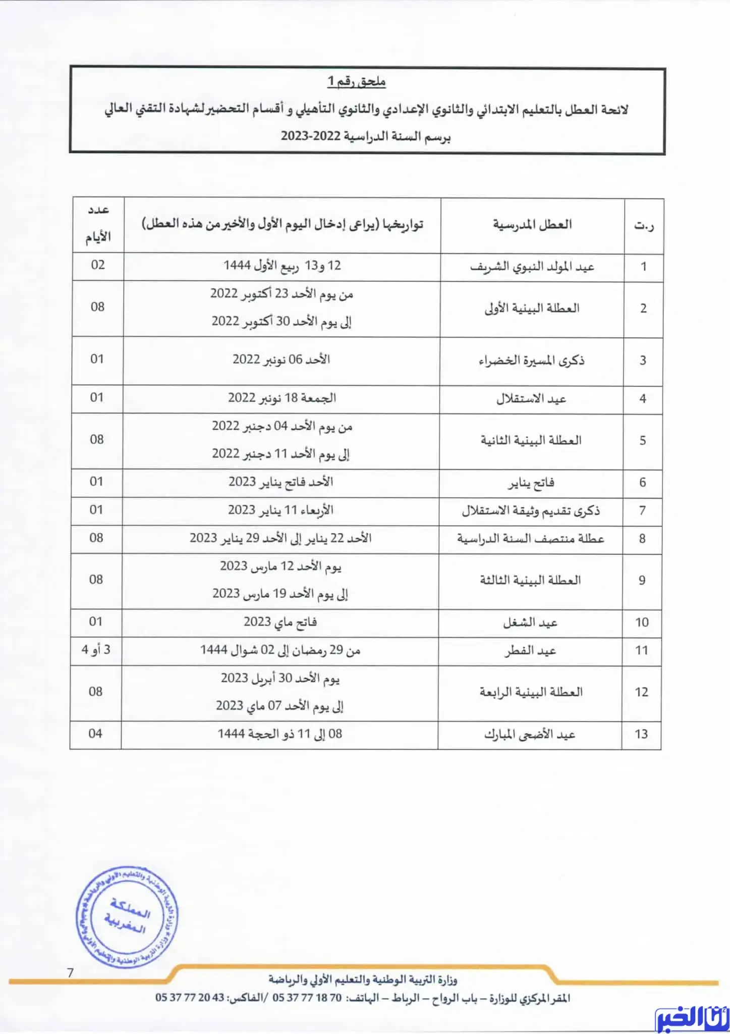 لائحة العطل
