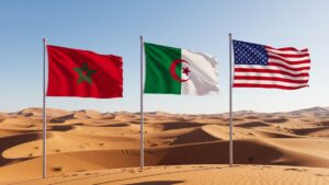 أعلام الجزائر والمغرب وأمريكا وسط الصحراء