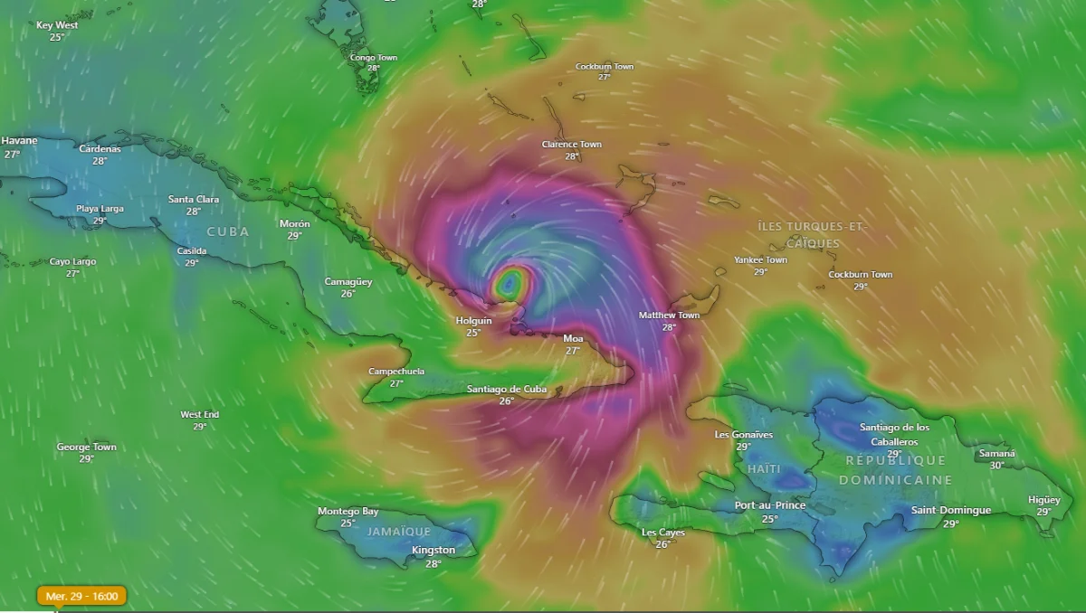 إعصار ميليسا كما يظهر في تطبيق windy