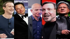 أغنى 5 أشخاص في العالم 2025: صورة مركبة لمارك زوكربيرغ، إيلون ماسك، جيف بيزوس، لاري إليسون وجينسن هوانغ من قائمة فوربس لأثرياء التكنولوجيا.