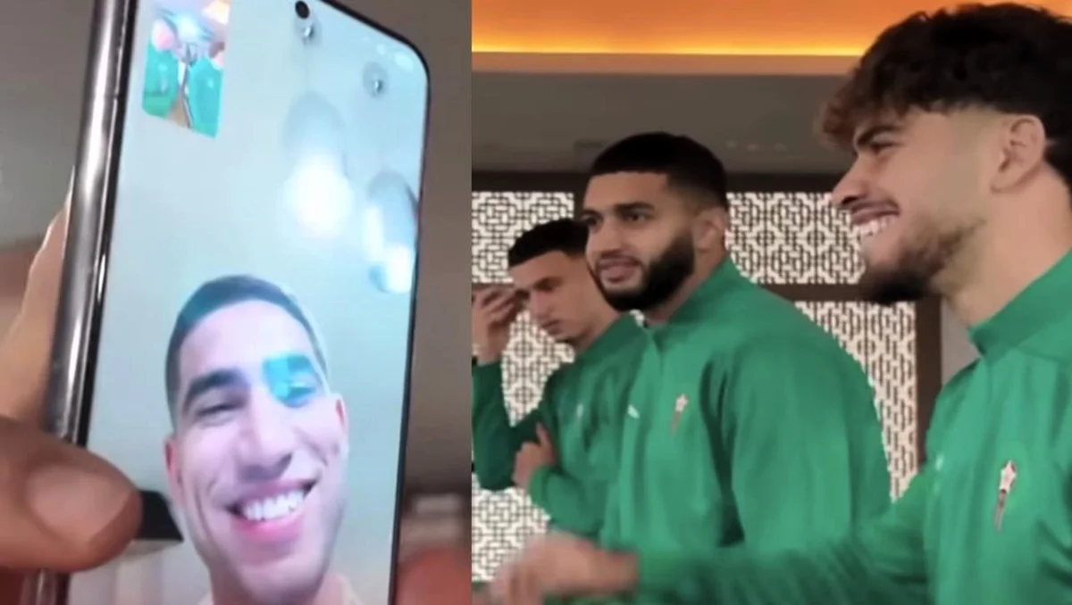 لحظة تواصل أشرف حكيمي مع زملاءه في المنتخب المغربي