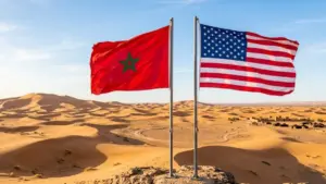 علم المغرب وأمريكا بخلفية الصحراء المغربية ـ تعبيرية ـ