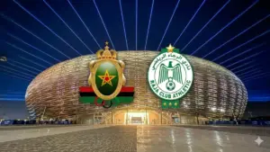 شعاري فريق الجيش الملكي والرجاء الرياضي بخلفية ملعب الرباط