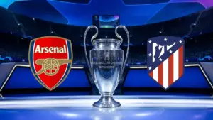شعار فريقي أتلتيكو مدريد وأرسنال مع كأس البطولة