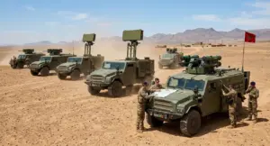 صورة تعبيرية تمثل منظومة الدفاع الجوي المغربية SHOARD على مدرعات شيربا في بيئة صحراوية (توليد ذكاء اصطناعي)