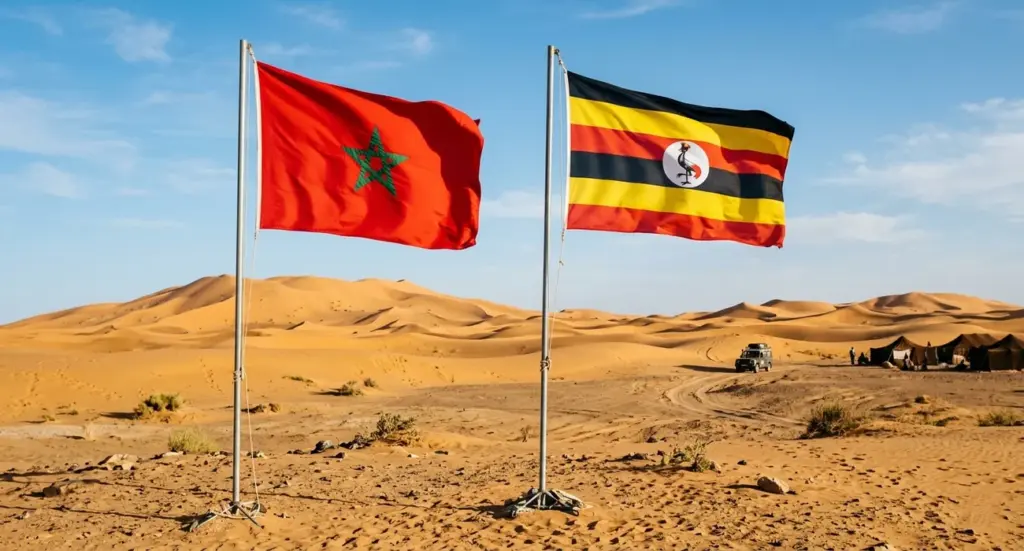 علمي المغرب وأوغندا بخلفية الصحراء ـ تعبيرية ـ