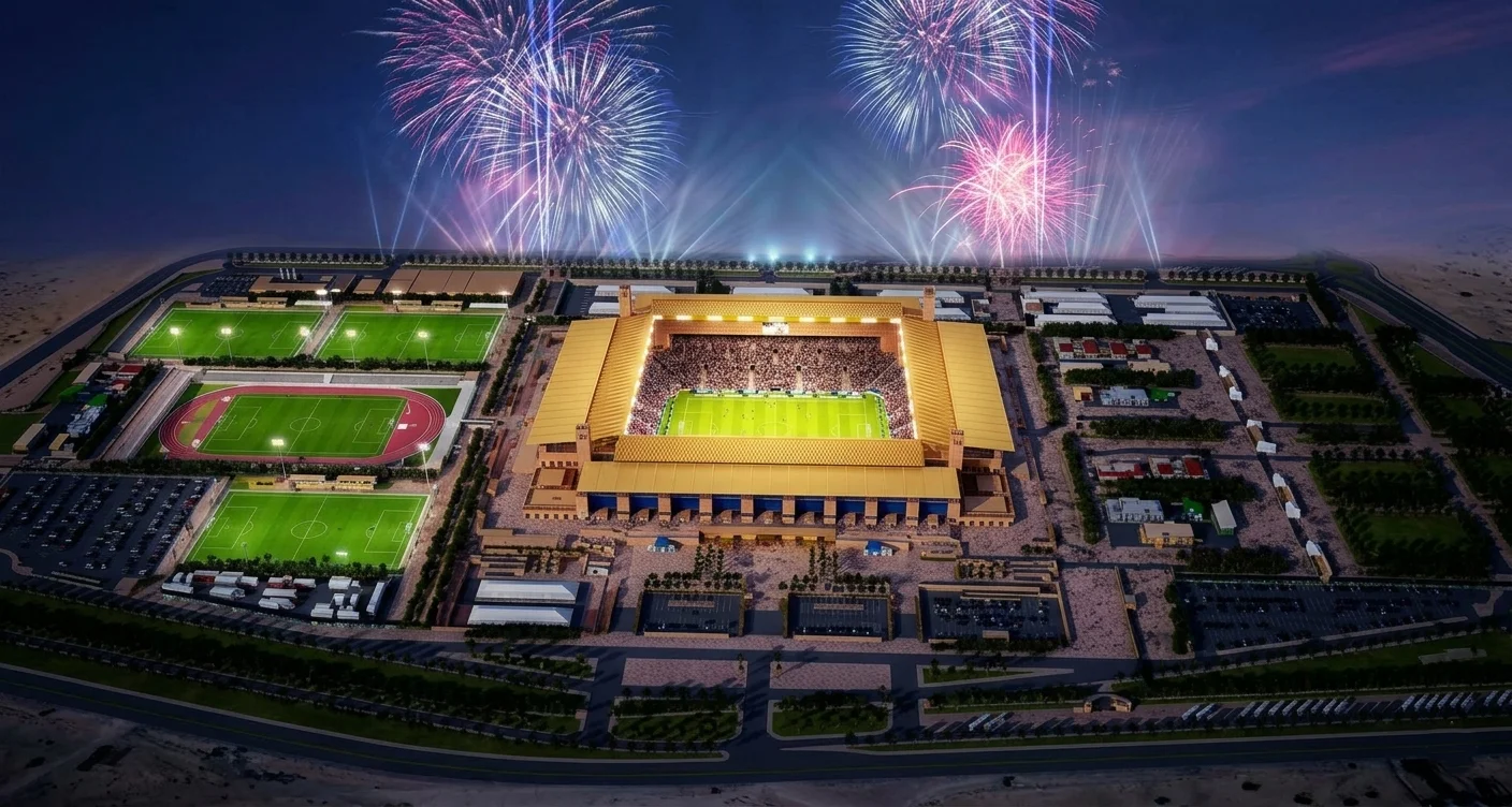 تصميم تقريبي يظهر انطلاق أعمال التأهيل والترميم بملعب مراكش الكبير، مع تواجد رافعات ومعدات بناء، استعداداً لاستضافة نهائيات كأس العالم 2030.