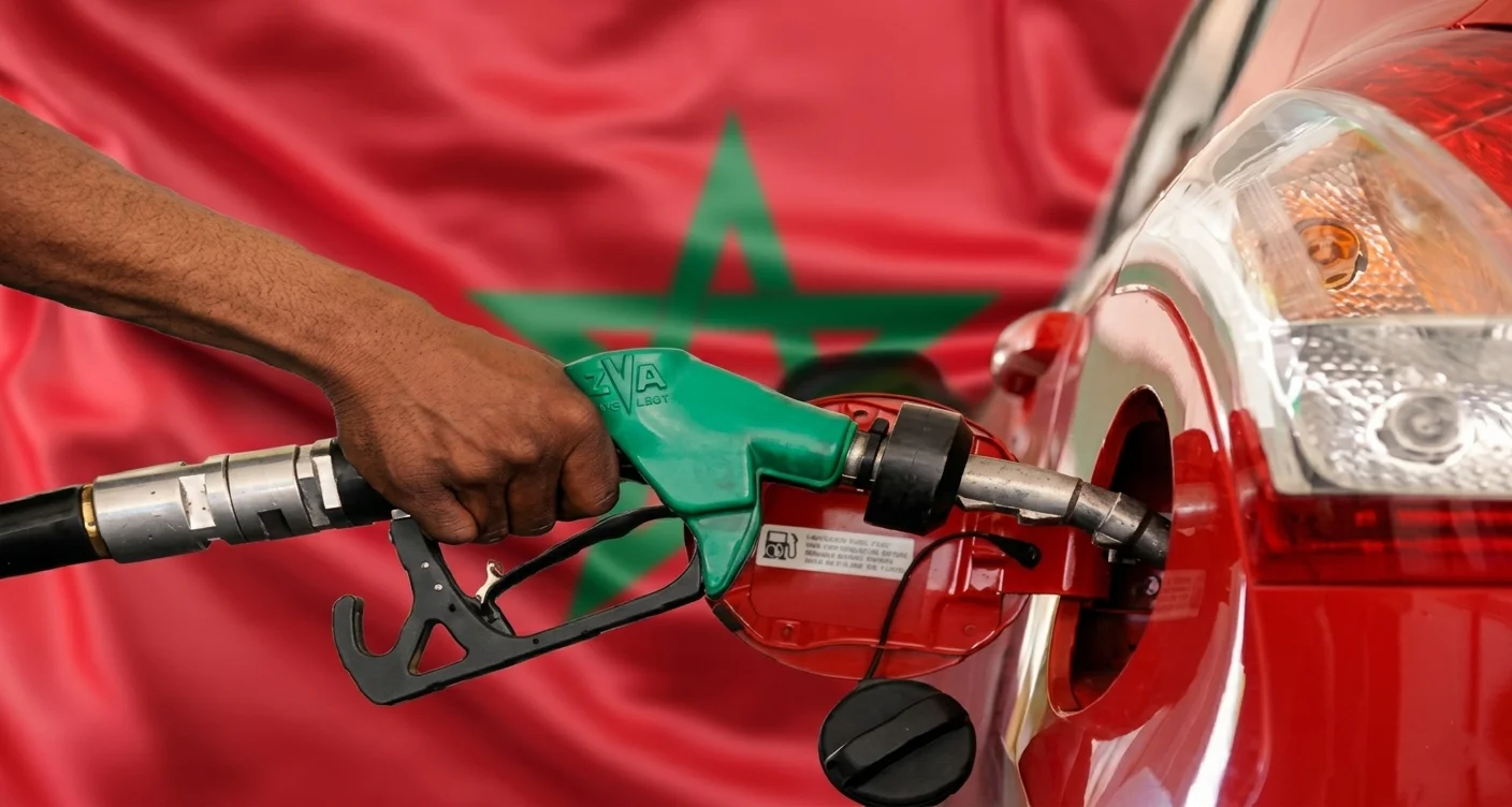 يد تقوم بتعبئة وقود لسيارة حمراء مع العلم المغربي في الخلفية، يوضح السعر الحقيقي للمحروقات في المغرب لشهر ماي 2026.