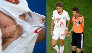 نائل العيناوي لاعب المنتخب المغربي لحظة تمزق قميصه في كأس العالم 2026